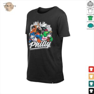 Official Philadelphia Eagles 76ers Phillies Mascots Skyline City T shirts
