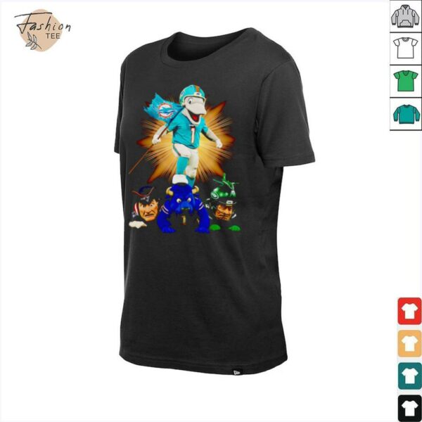 Miami Dolphins mascot standing with flag shirt