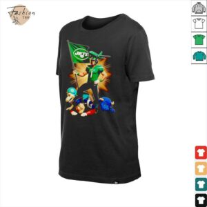 New York Jets mascot standing with flag shirt