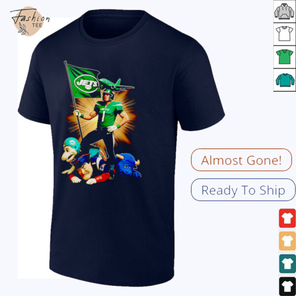 New York Jets mascot standing with flag shirt