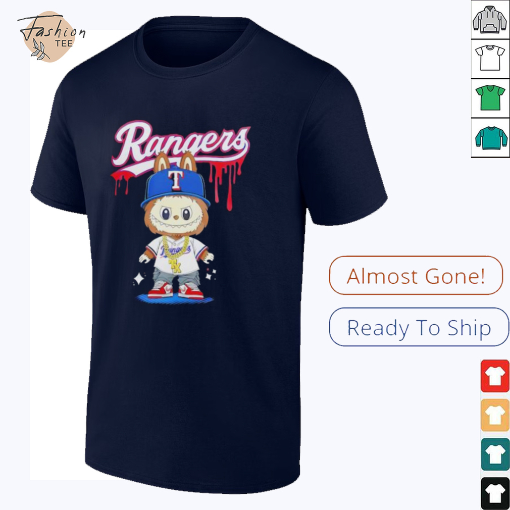 Texas Rangers x Labubu shirt featuring Labubu character in Rangers gear.
