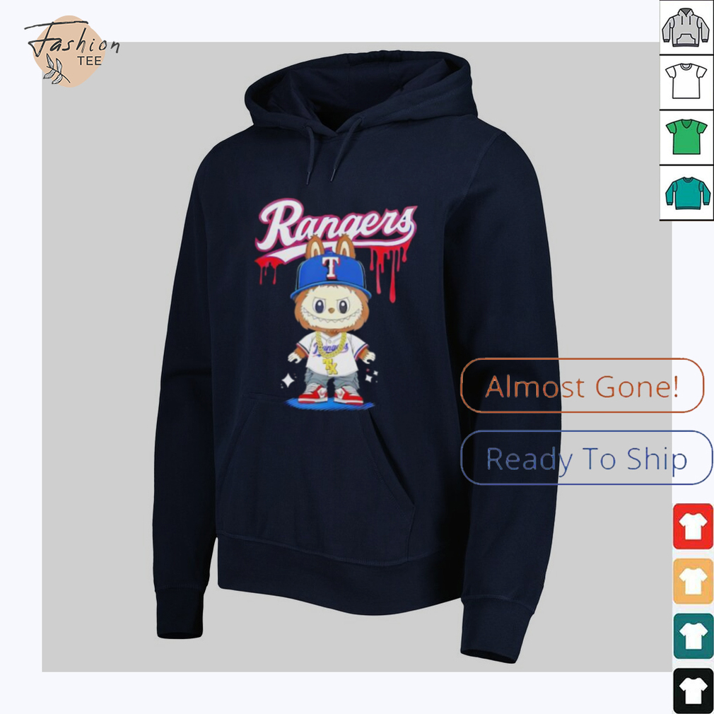 Close-up of the Texas Rangers x Labubu shirt showing Labubu's detailed design.