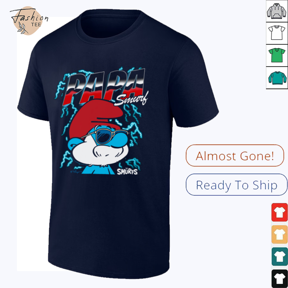 The Smurfs Chrome and Lightning Papa Smurf Retro Cartoon Shirt with a stylized Papa Smurf.