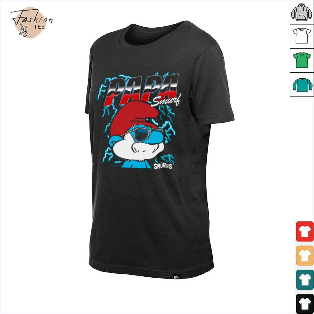 A person wearing The Smurfs Chrome and Lightning Papa Smurf Retro Cartoon Shirt, showcasing its overall look.