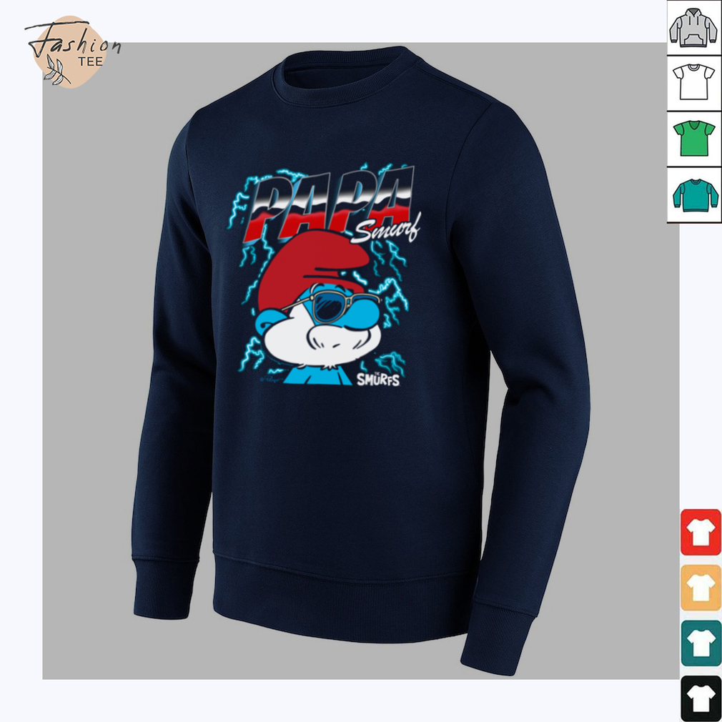 Another view of The Smurfs Chrome and Lightning Papa Smurf Retro Cartoon Shirt, highlighting its design.
