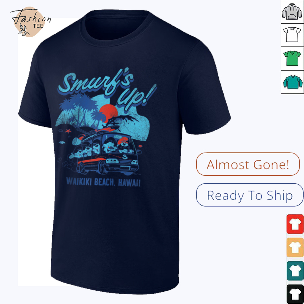 The Smurfs Smurf’s Up Retro Waikiki Beach Van Travel Cartoon Raglan Shirt featuring Smurfs on a beach with a retro van.