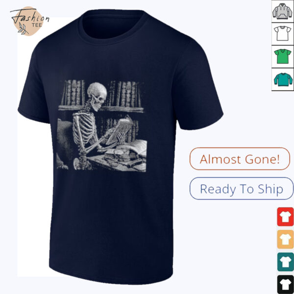Womens Dark The Reader Skeleton Reading Book Bookworm Bookish V Neck Shirt